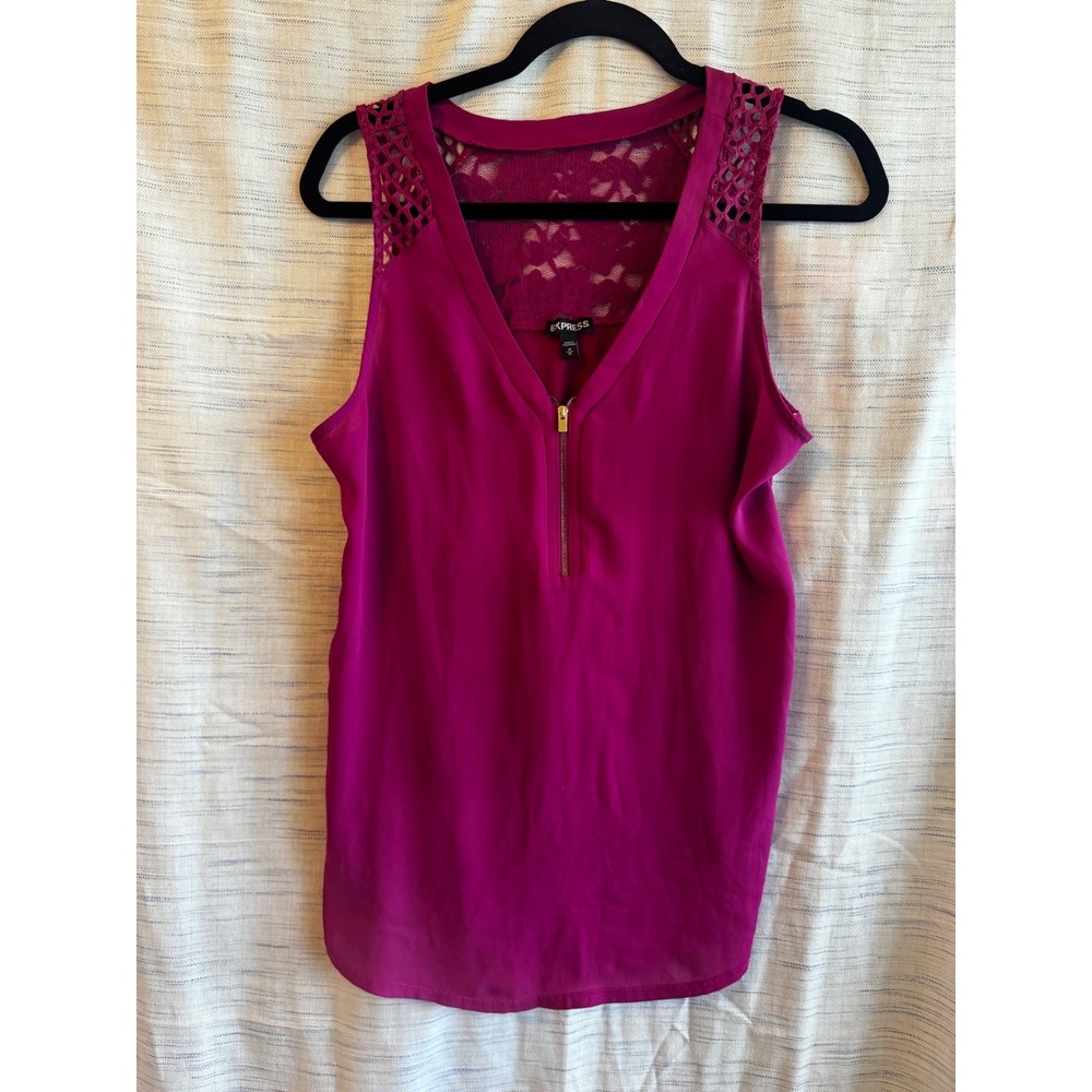 Express Magenta Lace Back Half Zip Sleeveless V-Neck Blouse Top Medium